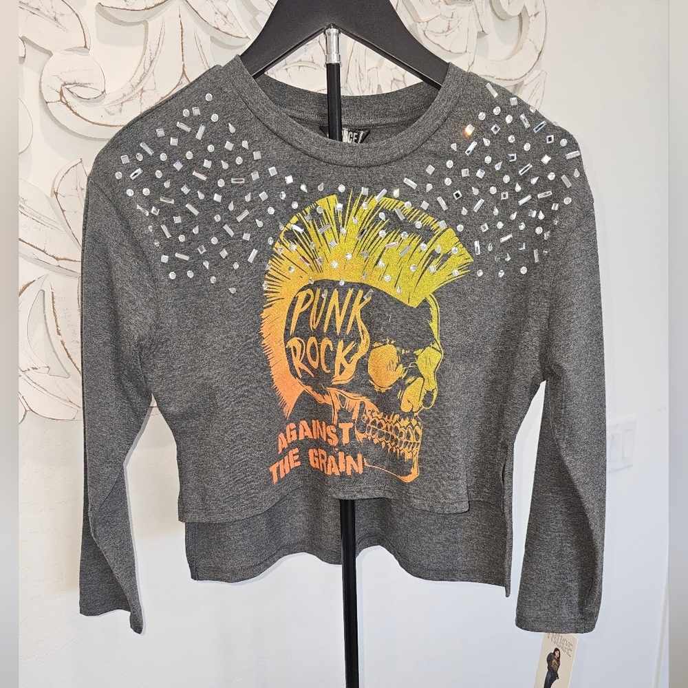 Truce Crystal Embellished Grey Punk Rock Soft Long Sleeve Tee Girls Sz 7/8 NWT